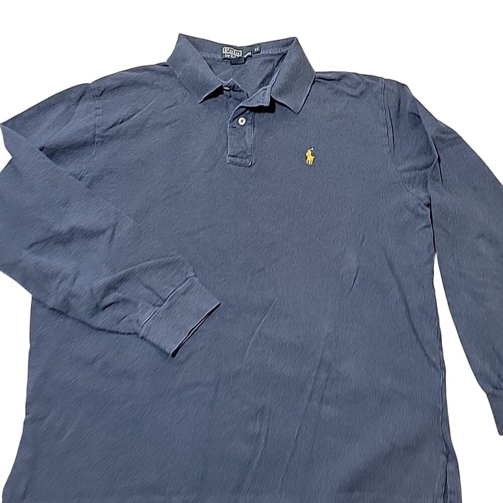 Ralph Lauren Long Sleeve Polo Blue Shirt Mens XL Collar Yellow Logo *READ